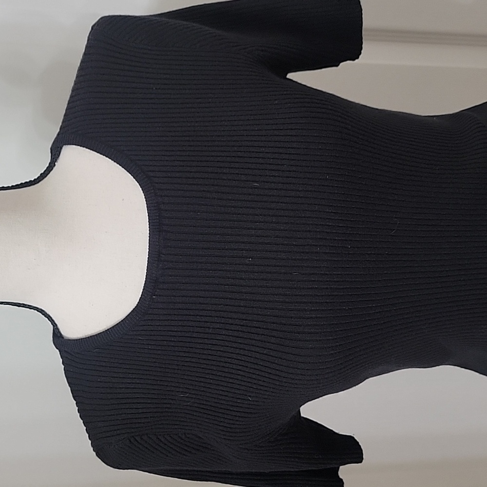 Zesica Size L Black Ribbed Stretchy Short Sleeve Knit Sweater, Exc. Used Cond. - Picture 2 of 11